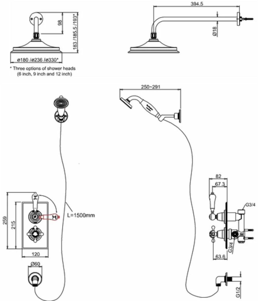 Burlington Trent Thermostatic Dual Concealed Mixer Shower With Shower Kit And 12 Inch Fixed Head - Black/Chrome 5 Burlington Trent Thermostatic Dual Concealed Mixer Shower With Shower Kit And 12 Inch Fixed Head - Black/Chrome - Image 3