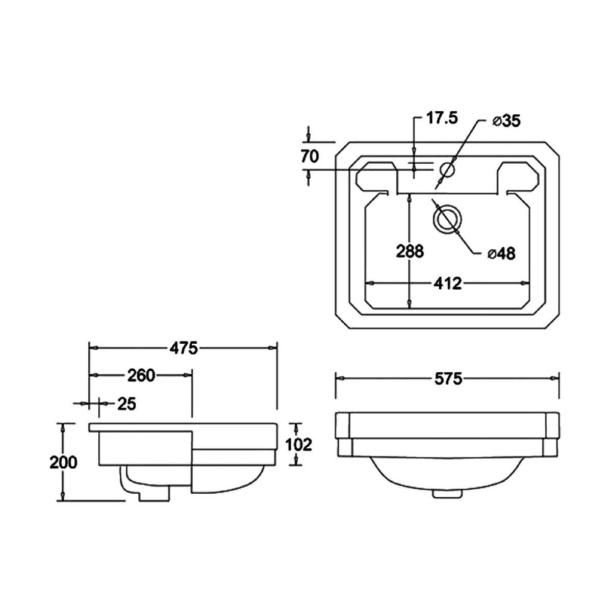 Burlington Victorian Semi-Recessed Basin 580mm Wide 2 Tap Hole 3 Burlington Victorian Semi-Recessed Basin 580mm Wide 2 Tap Hole