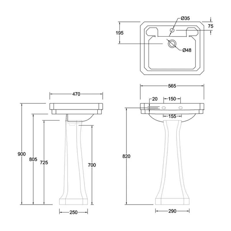 Burlington Victorian Basin With Regal Full Pedestal 560mm Wide 1 Tap Hole 4 Burlington Victorian Basin With Regal Full Pedestal 560mm Wide 1 Tap Hole - Image 2