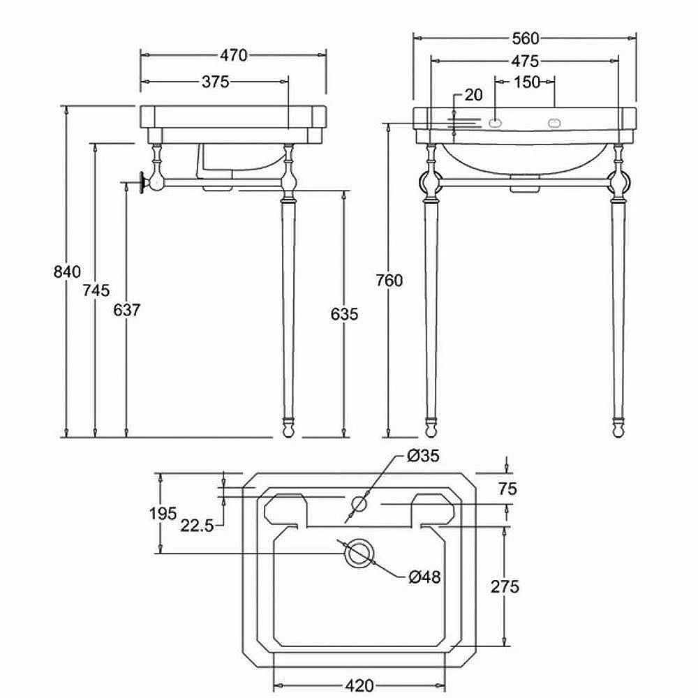 Burlington Victorian Basin With Chrome Wash Stand 560mm Wide 1 Tap Hole 3 Burlington Victorian Basin With Chrome Wash Stand 560mm Wide 1 Tap Hole