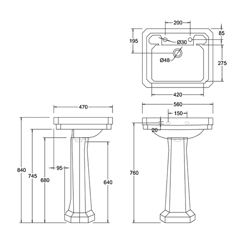 Burlington Victorian Basin With Full Pedestal 560mm Wide 2 Tap Hole 4 Burlington Victorian Basin With Full Pedestal 560mm Wide 2 Tap Hole - Image 2