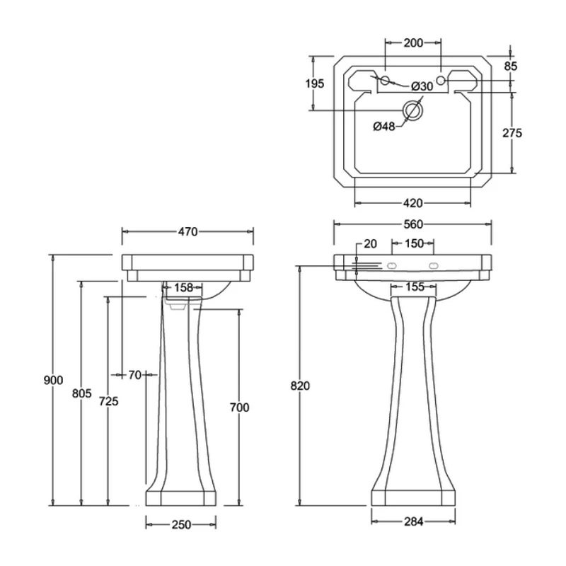 Burlington Victorian Basin With Regal Full Pedestal 560mm Wide 2 Tap Hole 4 Burlington Victorian Basin With Regal Full Pedestal 560mm Wide 2 Tap Hole - Image 2