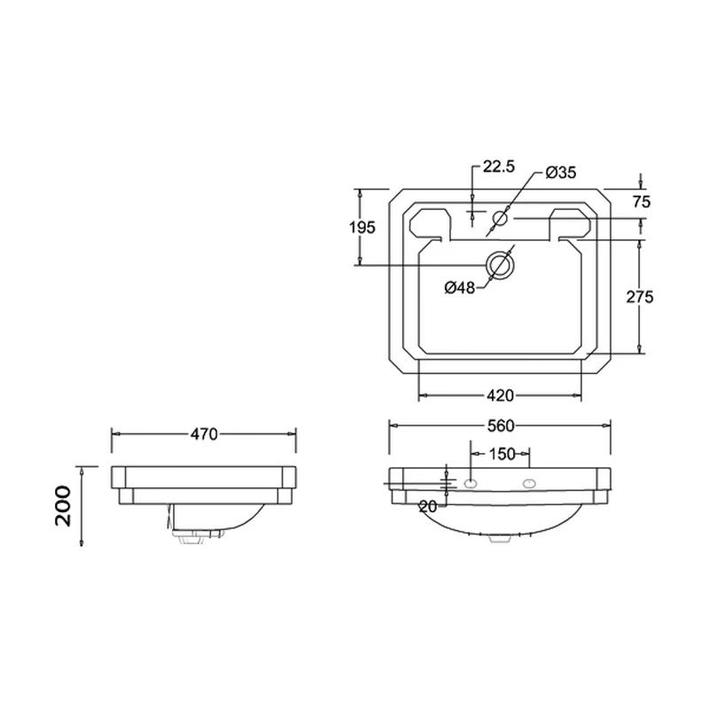 Burlington Victorian Basin With Towel Rail 560mm Wide 2 Tap Hole 4 Burlington Victorian Basin With Towel Rail 560mm Wide 2 Tap Hole - Image 2