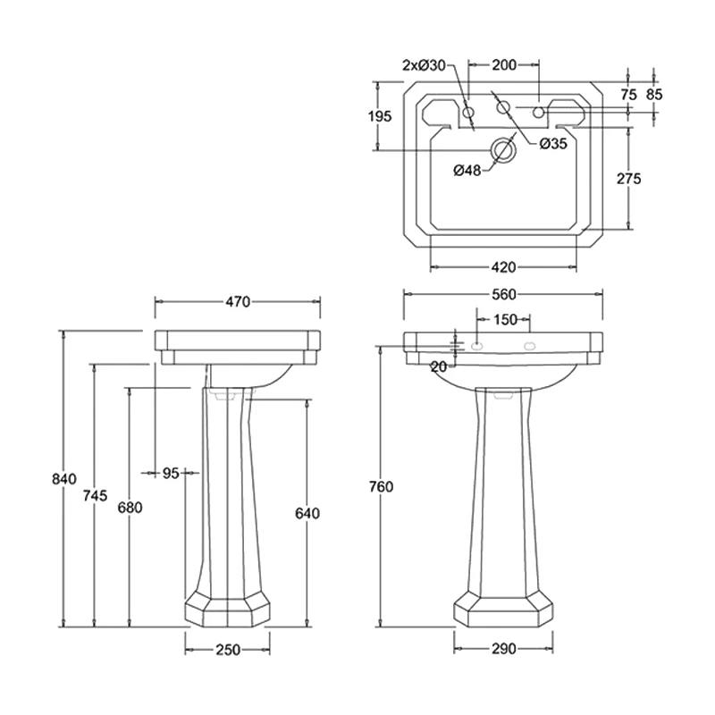 Burlington Victorian Basin With Full Pedestal 560mm Wide 3 Tap Hole 3 Burlington Victorian Basin With Full Pedestal 560mm Wide 3 Tap Hole