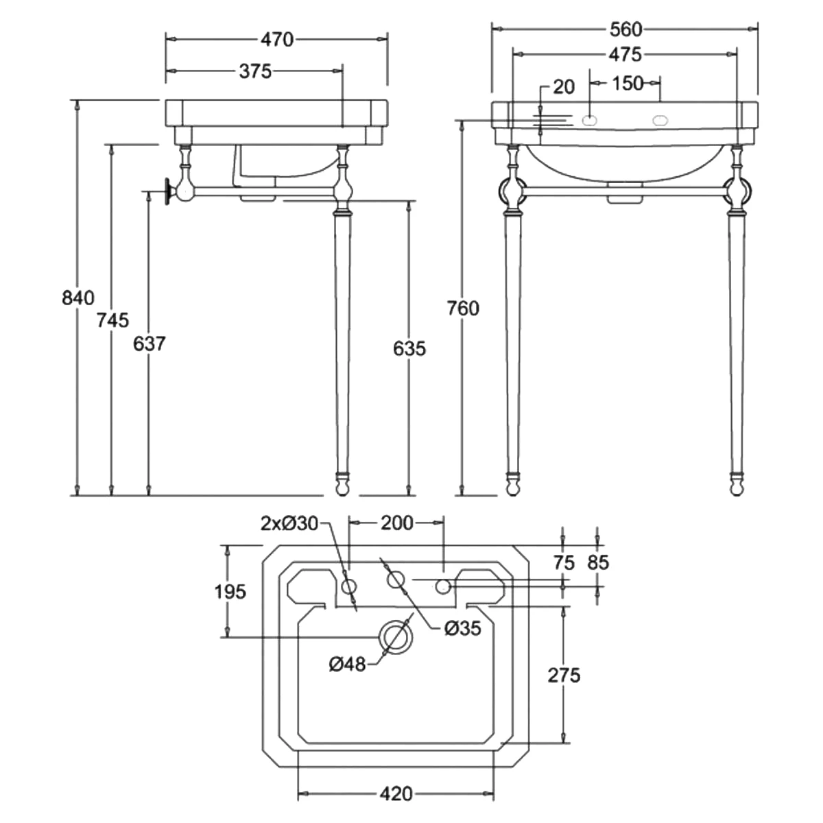 Burlington Victorian Basin With Chrome Wash Stand 560mm Wide 3 Tap Hole 4 Burlington Victorian Basin With Chrome Wash Stand 560mm Wide 3 Tap Hole - Image 2