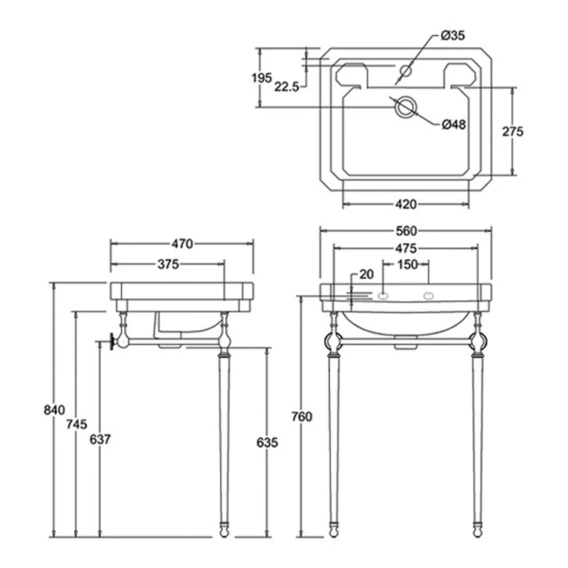 Burlington Victorian Basin With Regal Chrome Wash Stand 560mm Wide 3 Tap Hole 4 Burlington Victorian Basin With Regal Chrome Wash Stand 560mm Wide 3 Tap Hole - Image 2