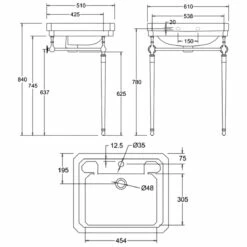 Burlington Victorian Basin With Chrome Wash Stand 610mm Wide 1 Tap Hole
