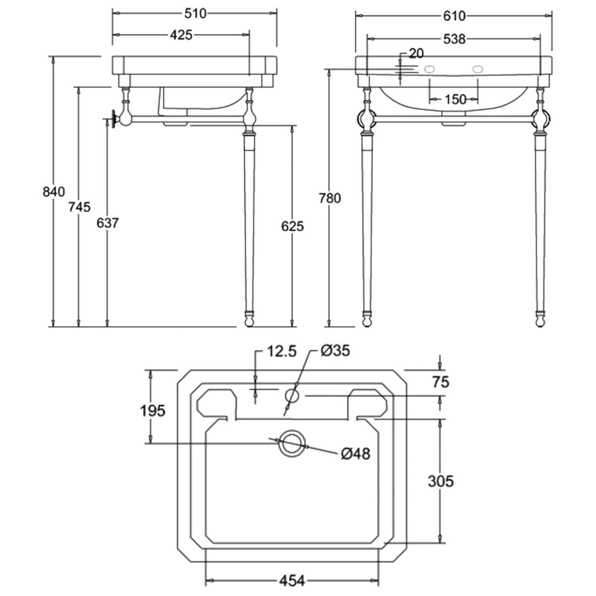 Burlington Victorian Basin With Chrome Wash Stand 610mm Wide 1 Tap Hole 3 Burlington Victorian Basin With Chrome Wash Stand 610mm Wide 1 Tap Hole