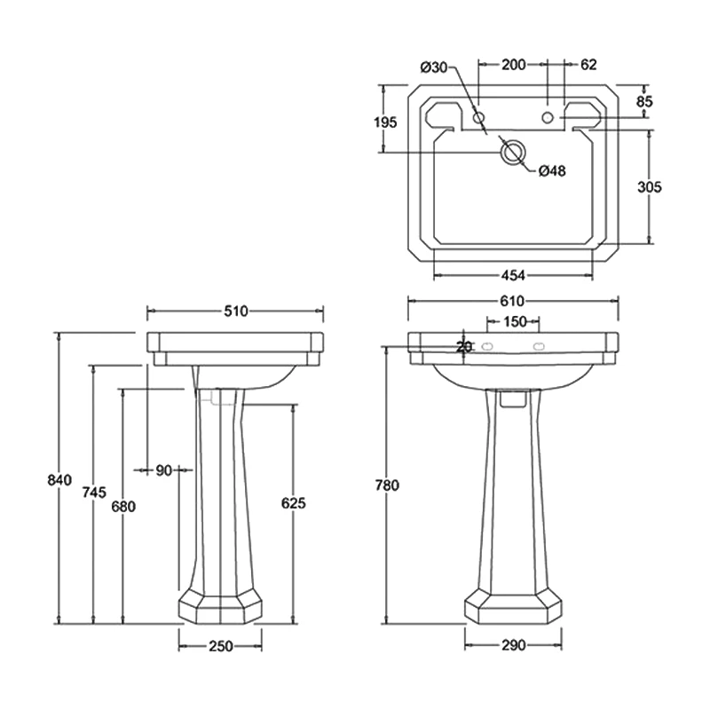 Burlington Victorian Basin With Full Pedestal 610mm Wide 2 Tap Hole 3 Burlington Victorian Basin With Full Pedestal 610mm Wide 2 Tap Hole