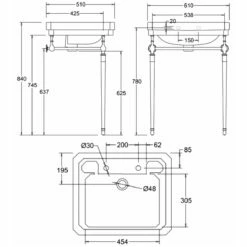 Burlington Victorian Basin With Chrome Wash Stand 610mm Wide 2 Tap Hole