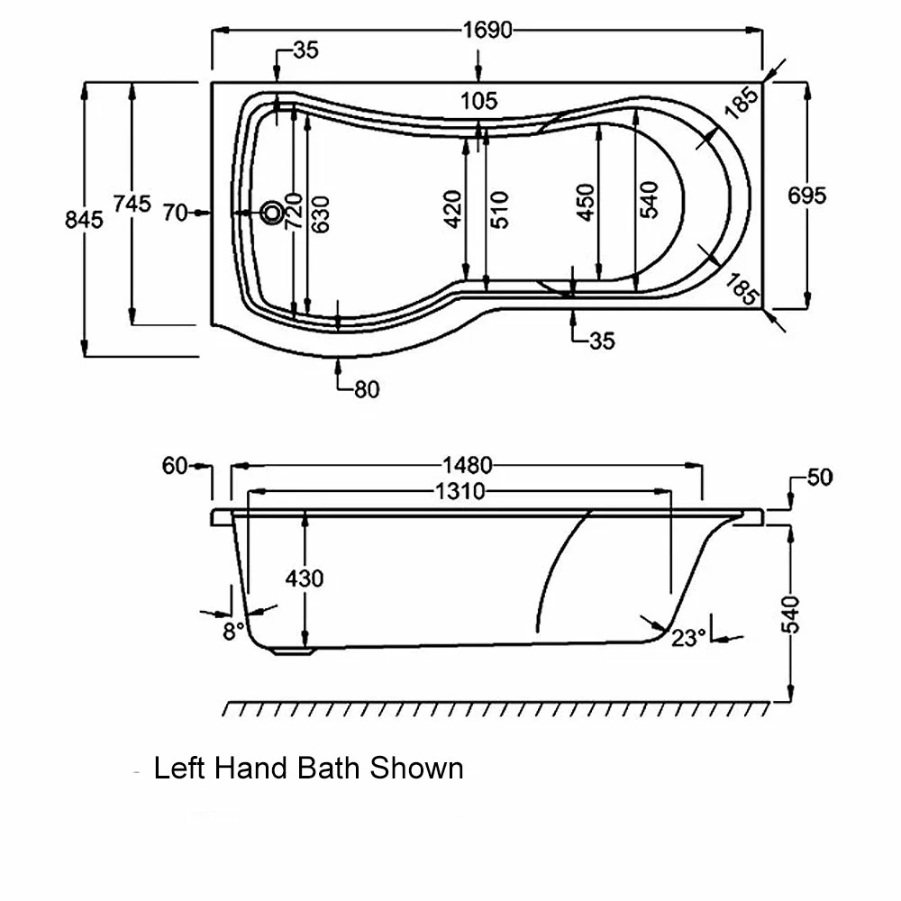 Carron Arc Curved P-Shaped Shower Bath 1700mm X 700/850mm Left Handed - 5mm Acrylic 5 Carron Arc Curved P-Shaped Shower Bath 1700mm X 700/850mm Left Handed - 5mm Acrylic - Image 3