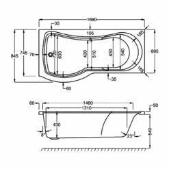 Carron Arc Curved P-Shaped Shower Bath 1700mm X 700/850mm Left Handed - Carronite -HEATANDPLUMB Sales carron arc showerbath bath 02184