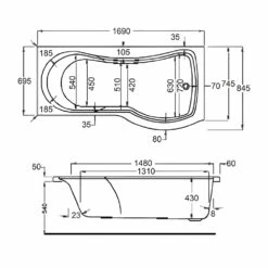 Carron Arc Curved P-Shaped Shower Bath 1700mm X 700/850mm Right Handed - 5mm Acrylic