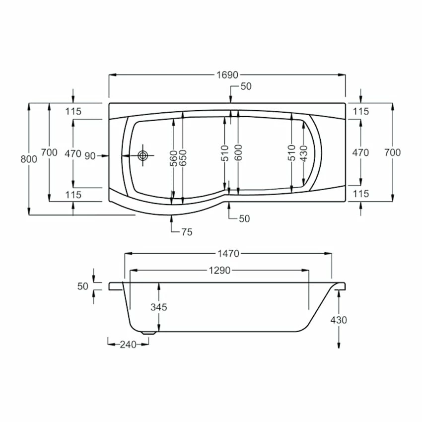 Carron Aspect P-Shaped Shower Bath 1700mm X 700/800mm Left Handed - 5mm Acrylic 4 Carron Aspect P-Shaped Shower Bath 1700mm X 700/800mm Left Handed - 5mm Acrylic - Image 2
