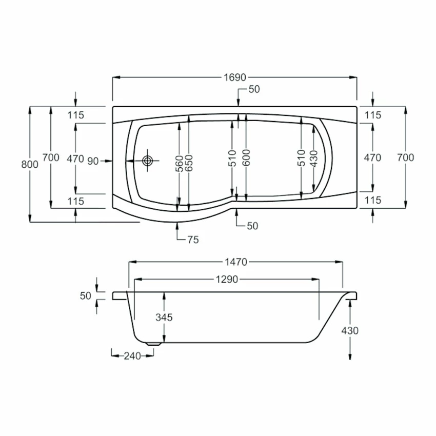 Carron Aspect P-Shaped Shower Bath 1700mm X 700/800mm Right Handed - 5mm Acrylic 4 Carron Aspect P-Shaped Shower Bath 1700mm X 700/800mm Right Handed - 5mm Acrylic - Image 2