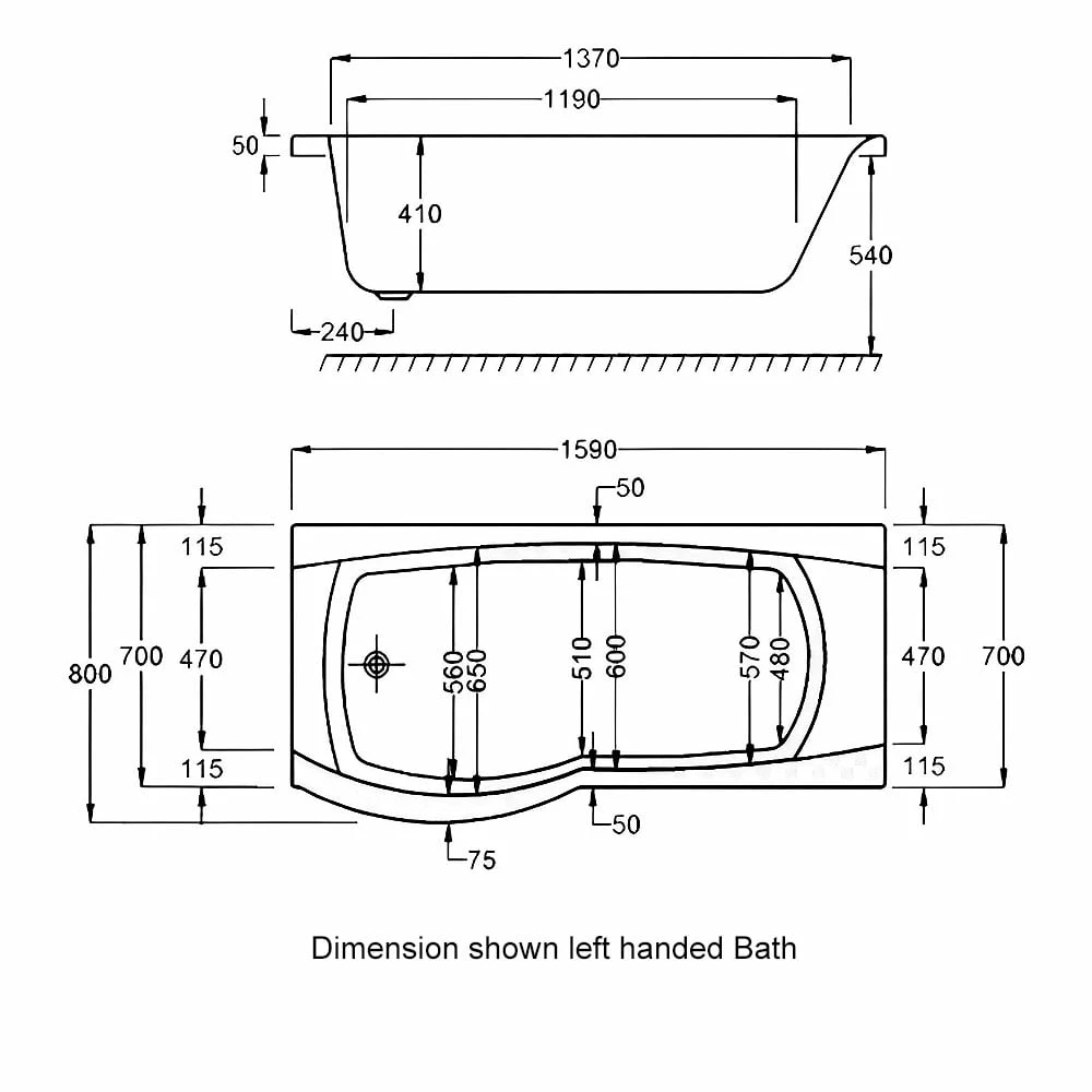 Carron Delta P-Shaped Shower Bath 1600mm X 700/800mm Left Handed - Carronite 3 Carron Delta P-Shaped Shower Bath 1600mm X 700/800mm Left Handed - Carronite