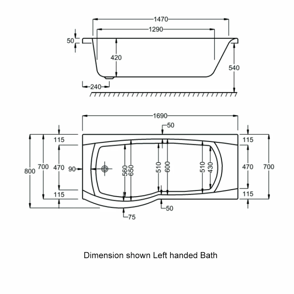 Carron Delta P-Shaped Shower Bath 1700mm X 700/800mm Left Handed - Carronite 3 Carron Delta P-Shaped Shower Bath 1700mm X 700/800mm Left Handed - Carronite