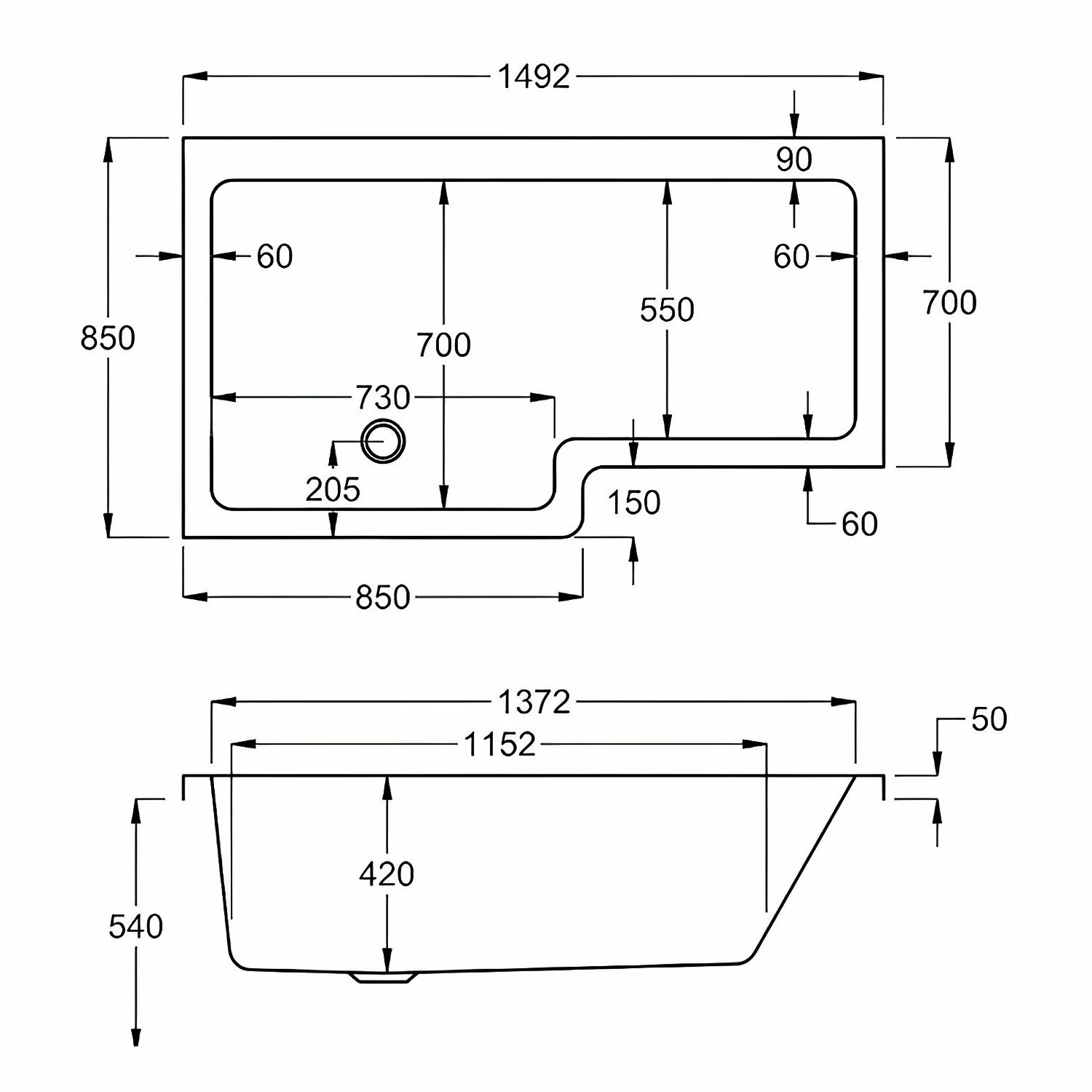 Carron Quantum L-Shaped Shower Bath 1500mm X 700/850mm Left Handed - Carronite 10 Carron Quantum L-Shaped Shower Bath 1500mm X 700/850mm Left Handed - Carronite - Image 8