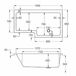 Carron Quantum L-Shaped Shower Bath 1500mm X 700/850mm Right Handed - Carronite -HEATANDPLUMB Sales carron quantum showerbath bath 02175 4