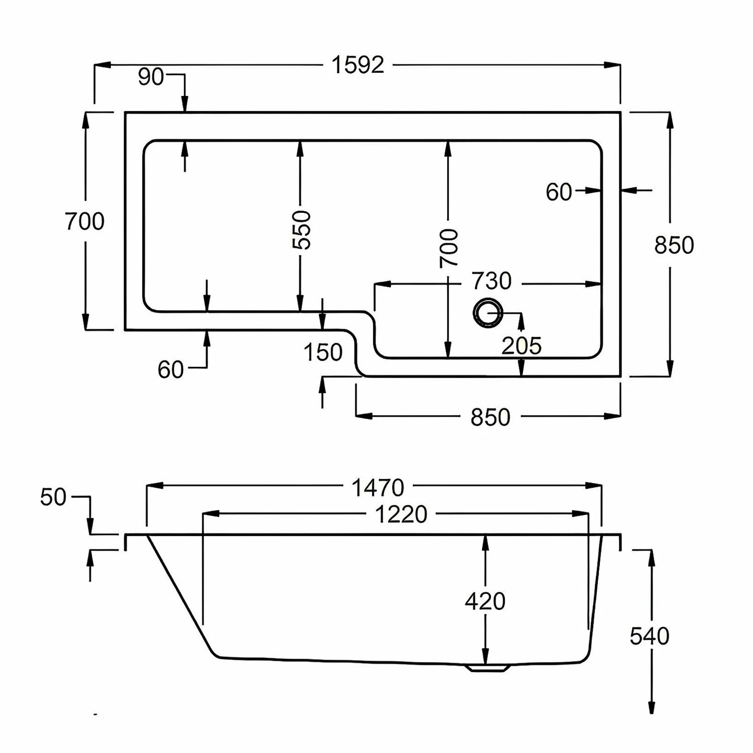Carron Quantum L-Shaped Shower Bath 1600mm X 700/850mm Right Handed - Carronite 3 Carron Quantum L-Shaped Shower Bath 1600mm X 700/850mm Right Handed - Carronite