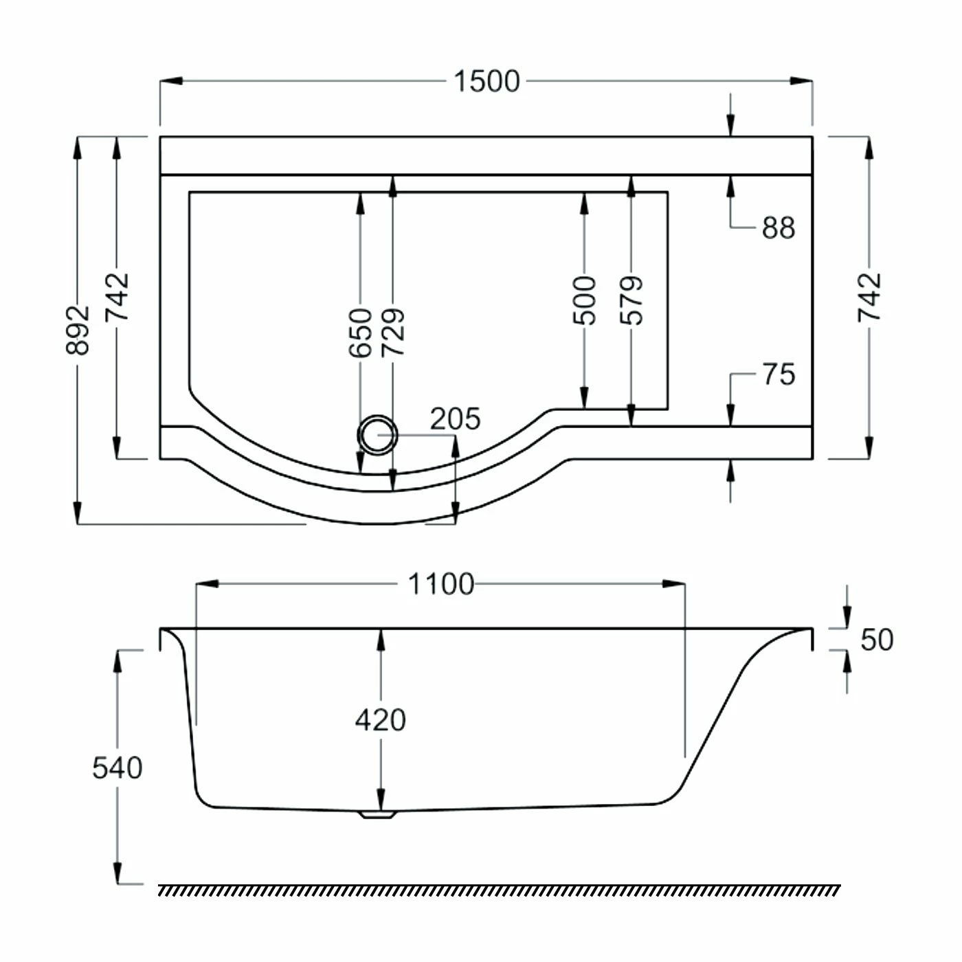 Carron Urban P-Shaped Shower Bath 1500mm X 750/900mm Left Handed - 5mm Acrylic 4 Carron Urban P-Shaped Shower Bath 1500mm X 750/900mm Left Handed - 5mm Acrylic - Image 2