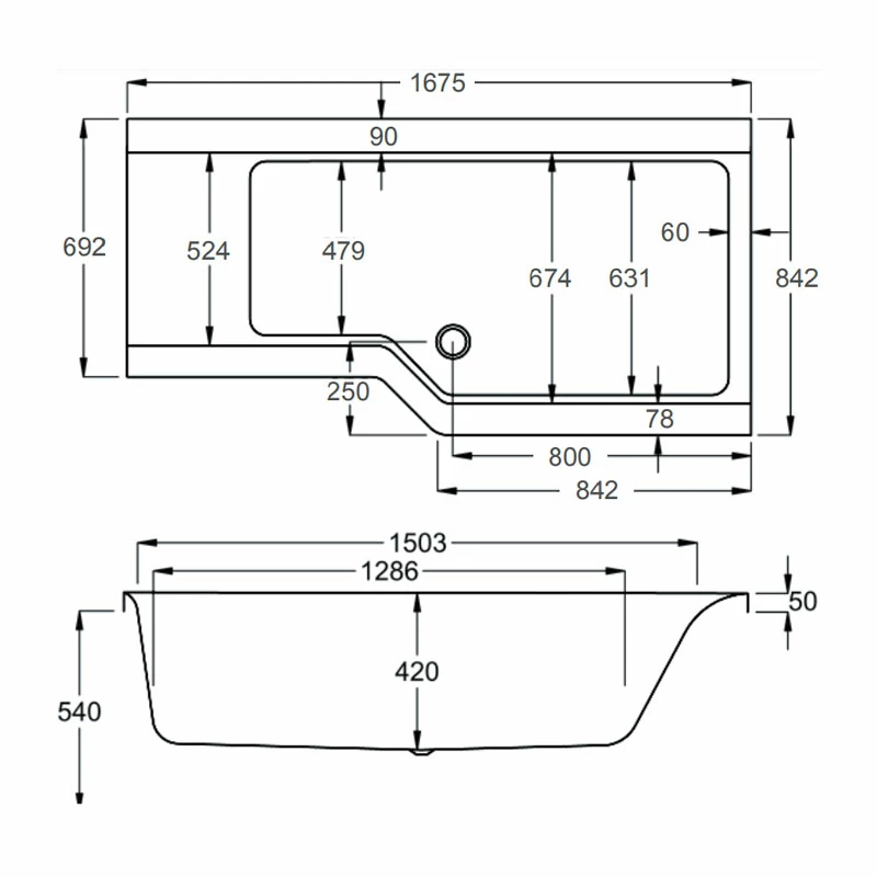 Carron Urban Edge L-Shaped Shower Bath 1675mm X 700mm/850mm Right Handed - Carronite 4 Carron Urban Edge L-Shaped Shower Bath 1675mm X 700mm/850mm Right Handed - Carronite - Image 2