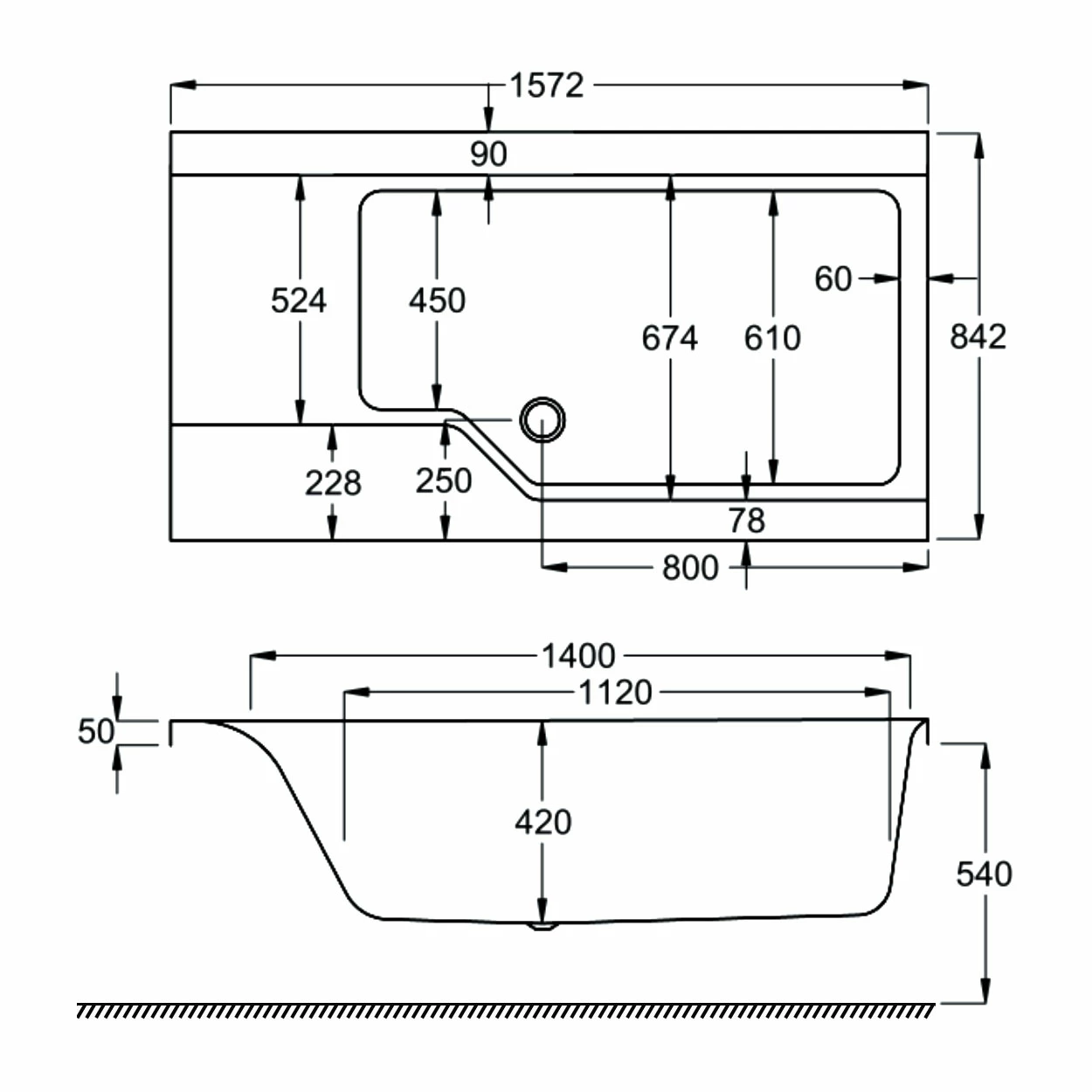 Carron Urban Swing Single Ended Shower Bath 1575mm X 850mm Right Handed - Carronite 4 Carron Urban Swing Single Ended Shower Bath 1575mm X 850mm Right Handed - Carronite - Image 2