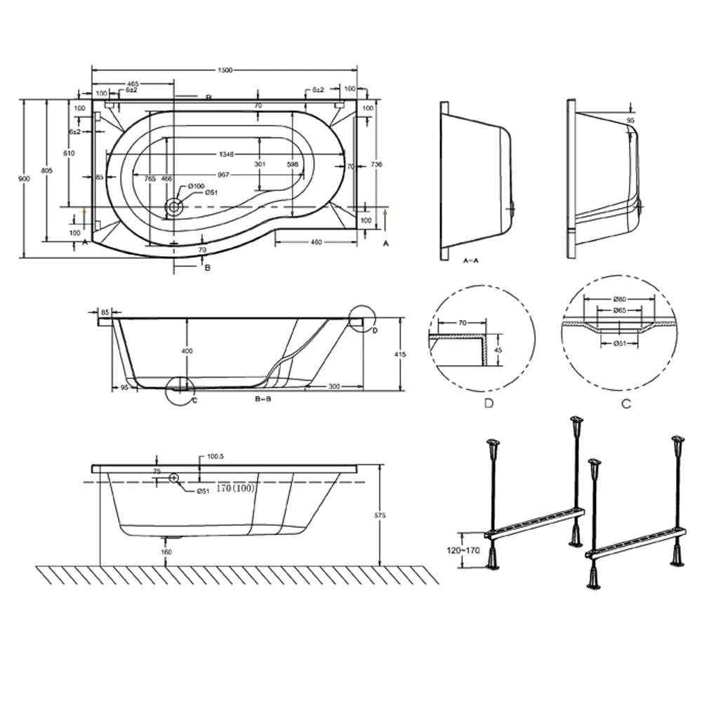 Cleargreen Ecoround Shower Bath 1500mm X 900mm/740mm - Left Handed 6 Cleargreen Ecoround Shower Bath 1500mm X 900mm/740mm - Left Handed - Image 4