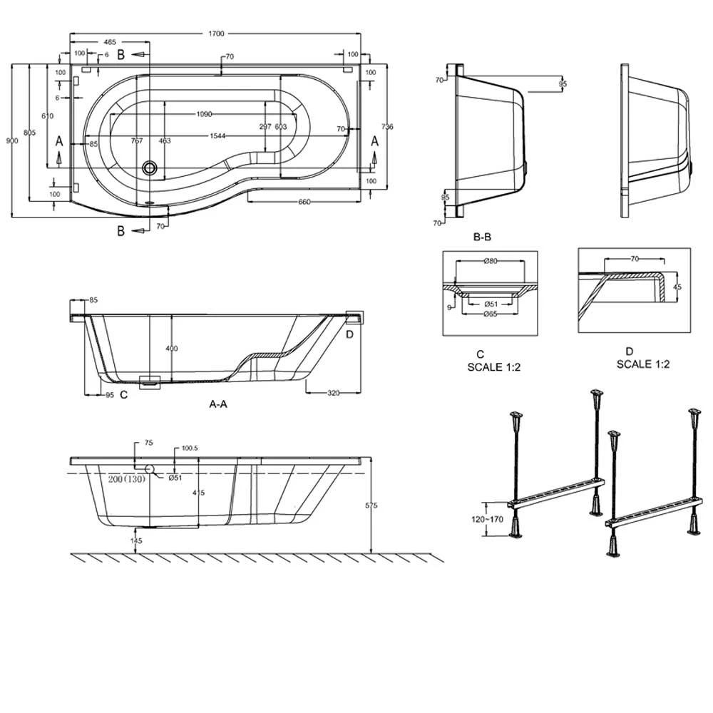 Cleargreen Ecoround Shower Bath 1700mm X 900mm/740mm - Right Handed 4 Cleargreen Ecoround Shower Bath 1700mm X 900mm/740mm - Right Handed - Image 2