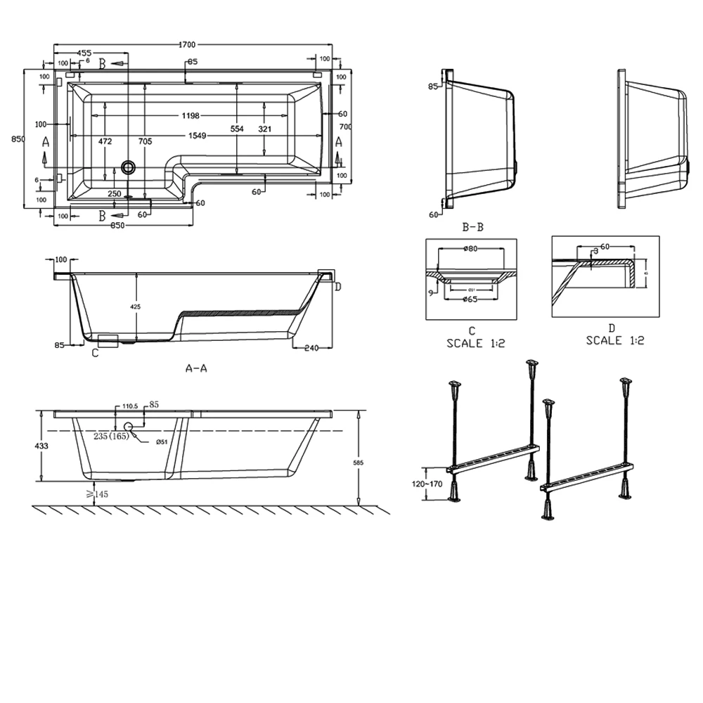 Cleargreen Ecosquare Shower Bath 1700mm X 850mm/700mm - Left Handed 3 Cleargreen Ecosquare Shower Bath 1700mm X 850mm/700mm - Left Handed