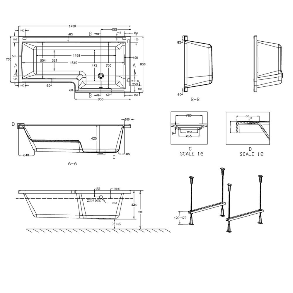 Cleargreen Ecosquare Shower Bath 1700mm X 850mm/700mm - Right Handed 3 Cleargreen Ecosquare Shower Bath 1700mm X 850mm/700mm - Right Handed