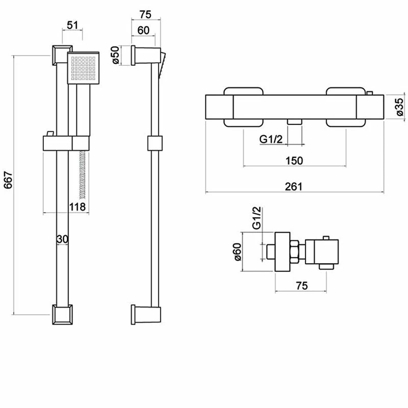 Delphi Piron Thermostatic Square Bar Mixer Shower With Shower Kit - Black 3 Delphi Piron Thermostatic Square Bar Mixer Shower With Shower Kit - Black