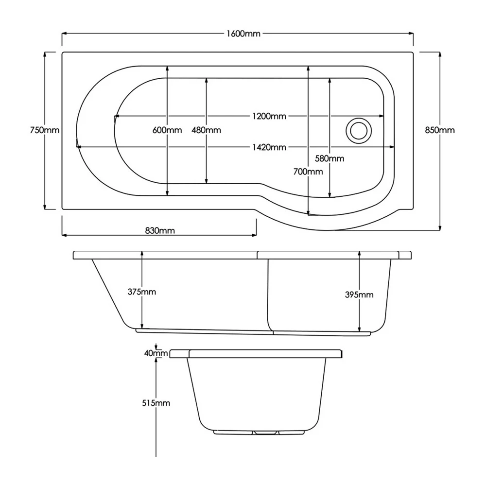 Delphi Zeya P-Shaped Standard Shower Bath 1600mm X 750/850mm - Left Handed 4 Delphi Zeya P-Shaped Standard Shower Bath 1600mm X 750/850mm - Left Handed - Image 2