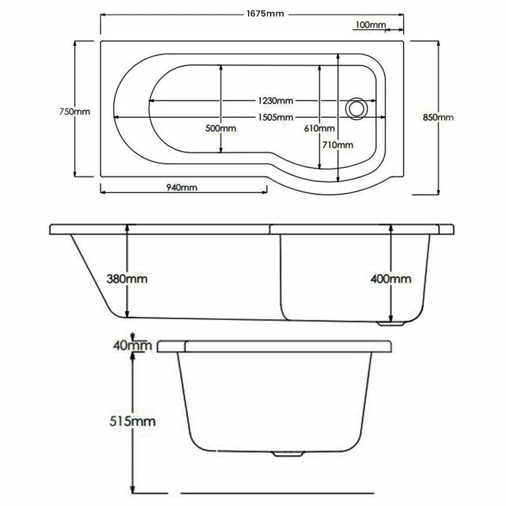 Delphi Zeya P-Shaped Premier Shower Bath 1675mm X 750/850mm - Right Handed 4 Delphi Zeya P-Shaped Premier Shower Bath 1675mm X 750/850mm - Right Handed - Image 2