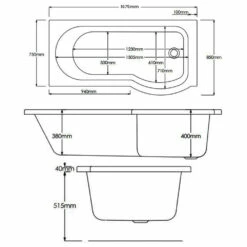 Delphi Zeya P-Shaped Premier Shower Bath 1675mm X 750/850mm - Left Handed