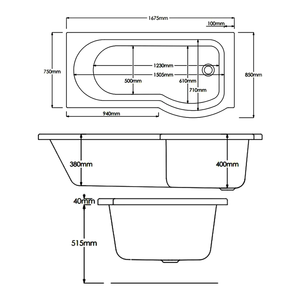 Delphi Zeya P-Shaped Standard Shower Bath 1675mm X 750/850mm - Left Handed 5 Delphi Zeya P-Shaped Standard Shower Bath 1675mm X 750/850mm - Left Handed - Image 3