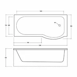Delphi Zeya P-Shaped Standard Shower Bath 1700mm X 750/850mm - Right Handed