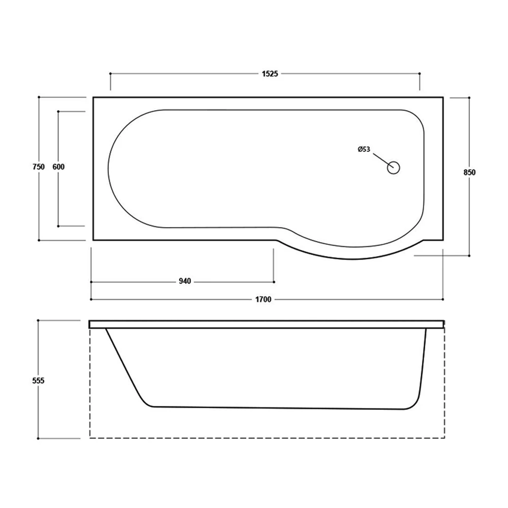 Delphi Zeya P-Shaped Standard Shower Bath 1700mm X 750/850mm - Right Handed 3 Delphi Zeya P-Shaped Standard Shower Bath 1700mm X 750/850mm - Right Handed
