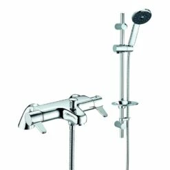 Deva Kiri Satinjet Thermostatic Pillar Mounted Bath Shower Mixer Tap With Shower Rail Kit - Chrome