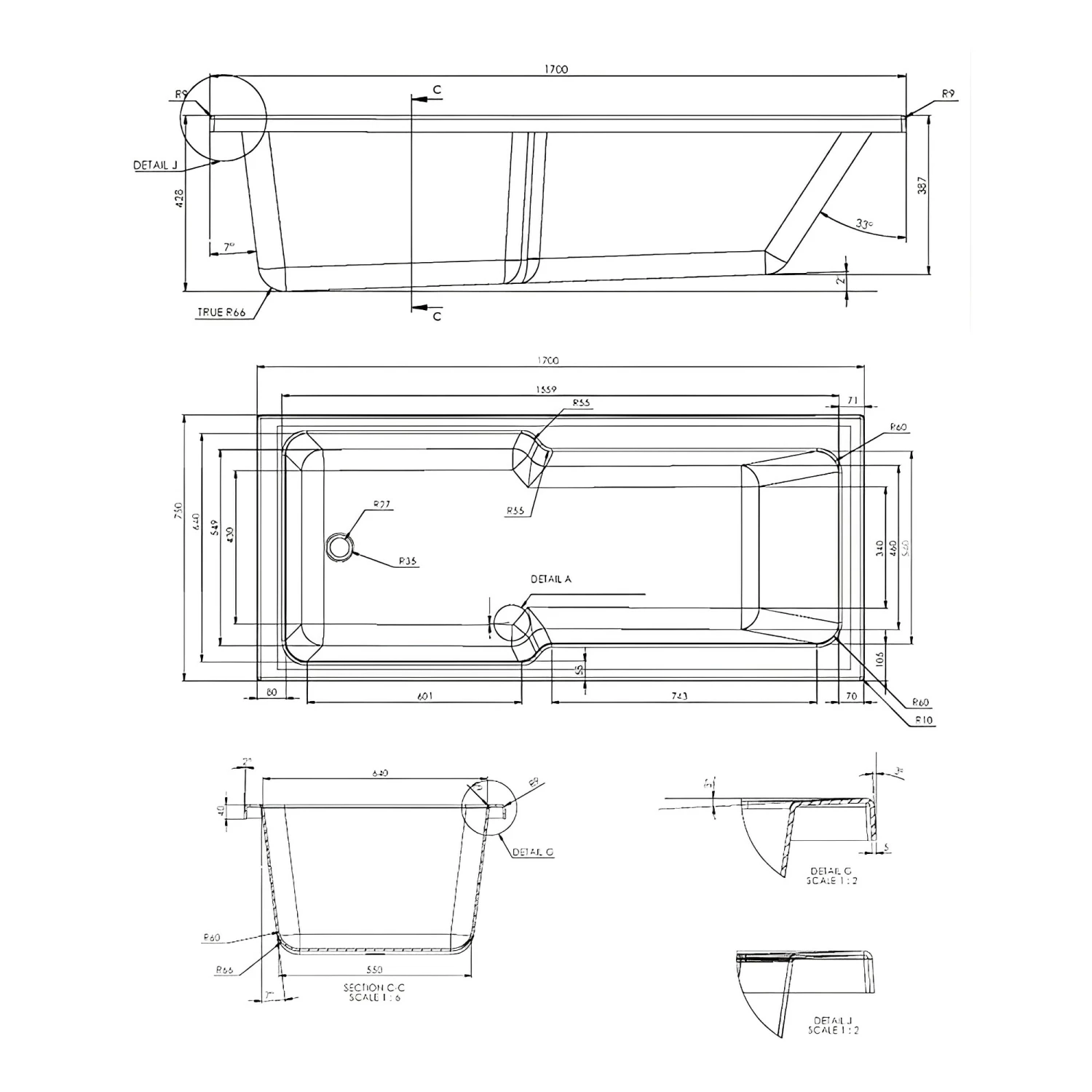 Duchy Newham Straight Single Ended Shower Bath 1700mm X 750mm - 0 Tap Hole 3 Duchy Newham Straight Single Ended Shower Bath 1700mm X 750mm - 0 Tap Hole