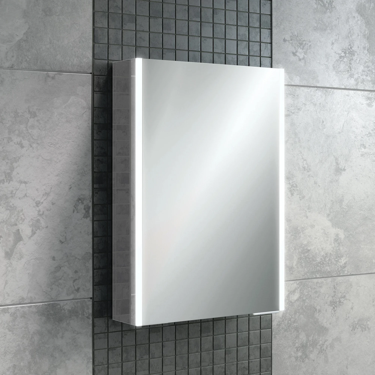 HiB Xenon 50 Aluminium Single Door With Vertical LED Bathroom Cabinet 700mm H X 505mm W X 130mm D 3 HiB Xenon 50 Aluminium Single Door With Vertical LED Bathroom Cabinet 700mm H X 505mm W X 130mm D