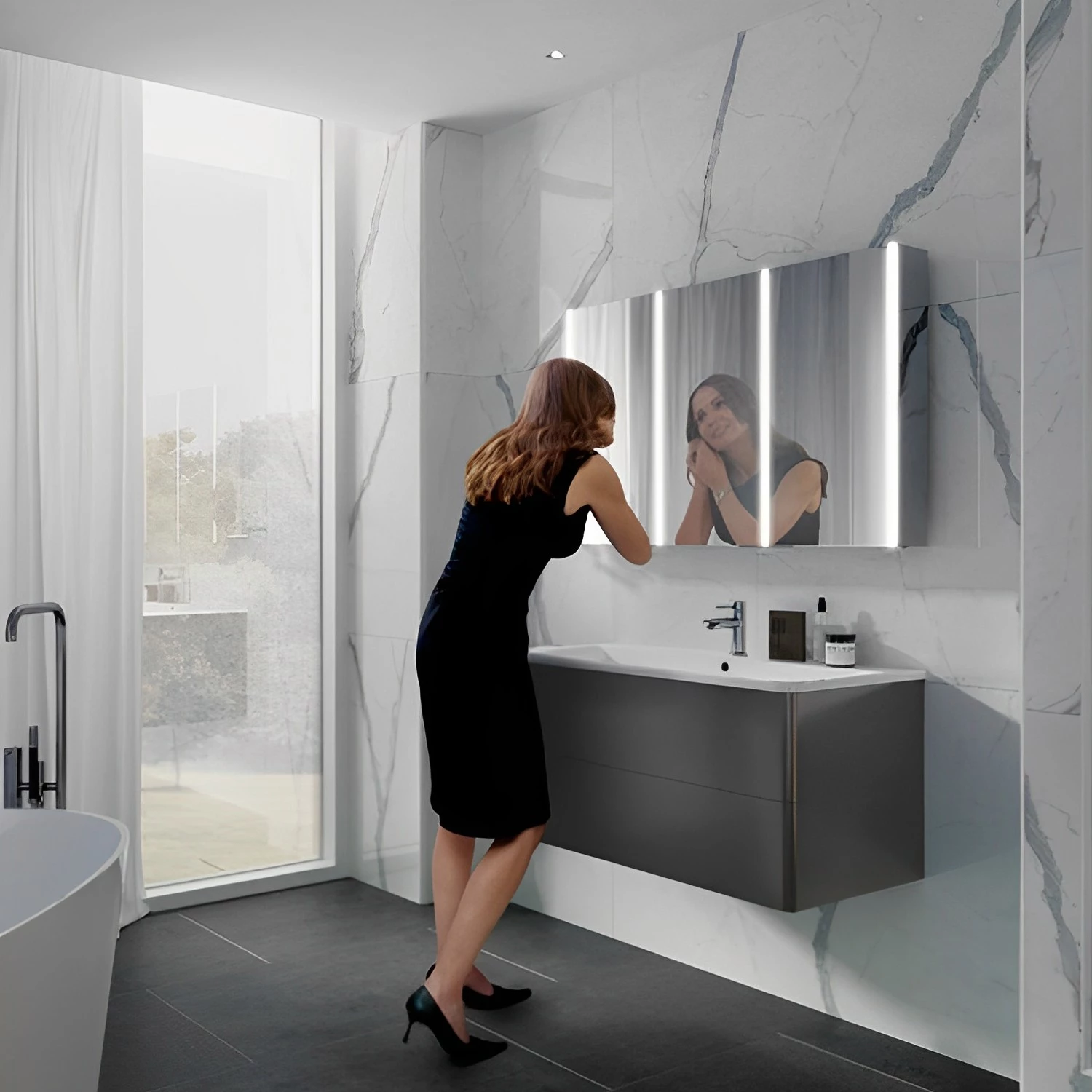 HiB Xenon 120 Aluminium Triple Door Bathroom Cabinet With Vertical LED 700H X 1205mm W X 130mm D 3 HiB Xenon 120 Aluminium Triple Door Bathroom Cabinet With Vertical LED 700H X 1205mm W X 130mm D