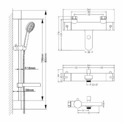 Hudson Reed Arvan Thermostatic Bath Shower Mixer With Slimline Slider Rail Kit - Chrome
