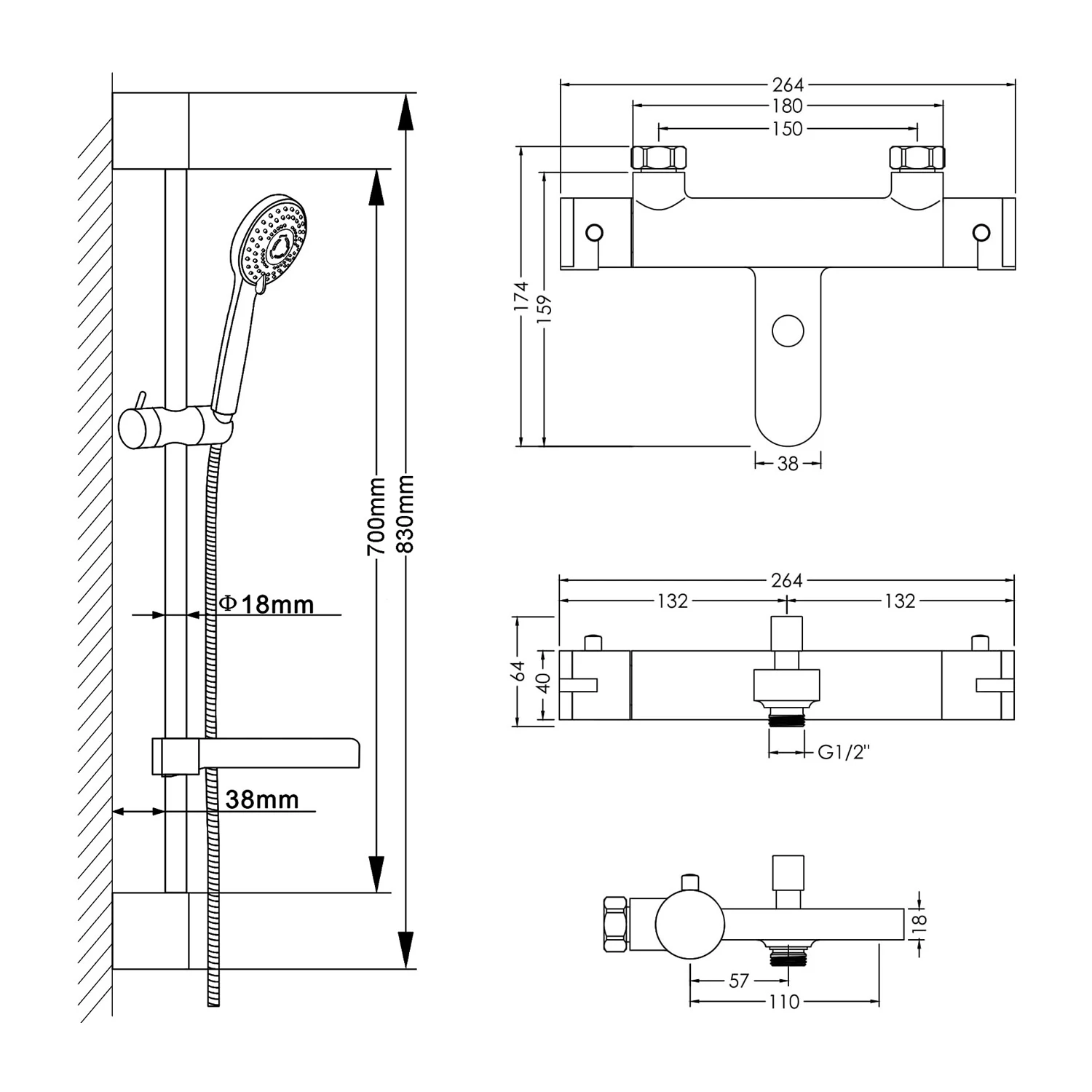 Hudson Reed Arvan Thermostatic Bath Shower Mixer With Slimline Slider Rail Kit - Chrome 3 Hudson Reed Arvan Thermostatic Bath Shower Mixer With Slimline Slider Rail Kit - Chrome