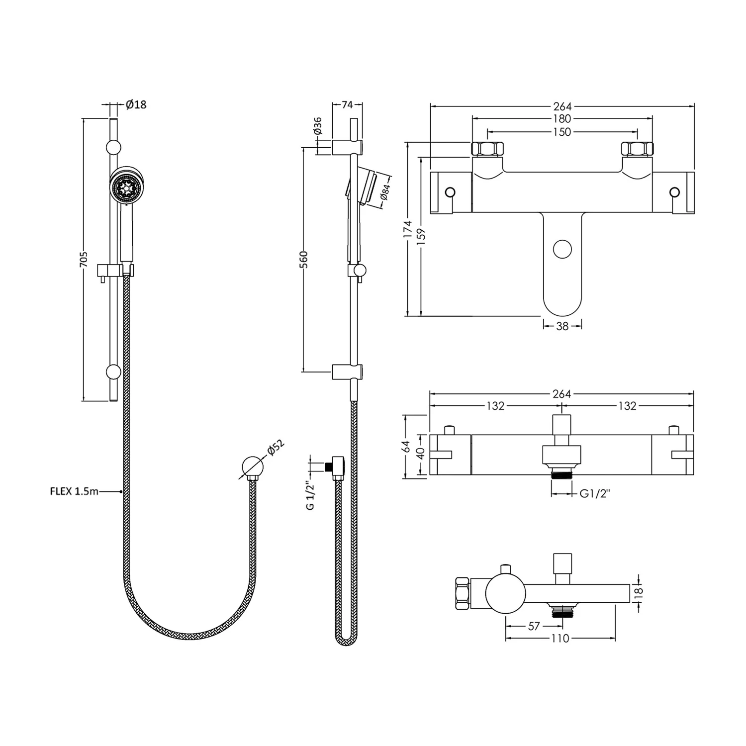 Hudson Reed Arvan Thermostatic Bath Shower Mixer With Linear Slider Rail Kit - Chrome 4 Hudson Reed Arvan Thermostatic Bath Shower Mixer With Linear Slider Rail Kit - Chrome - Image 2