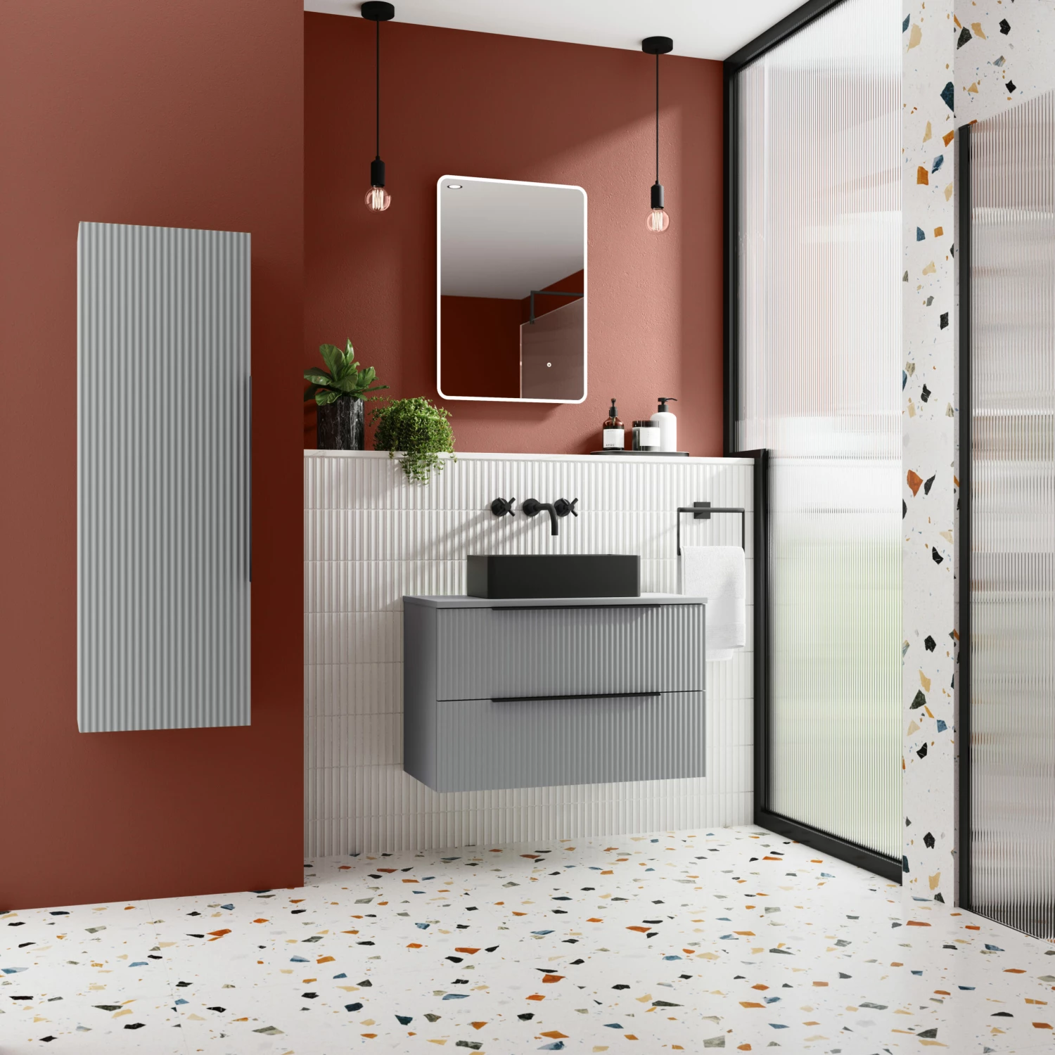 Hudson Reed Fluted Wall Hung Tall Storage Unit 400mm Wide - Satin Grey 4 Hudson Reed Fluted Wall Hung Tall Storage Unit 400mm Wide - Satin Grey - Image 2