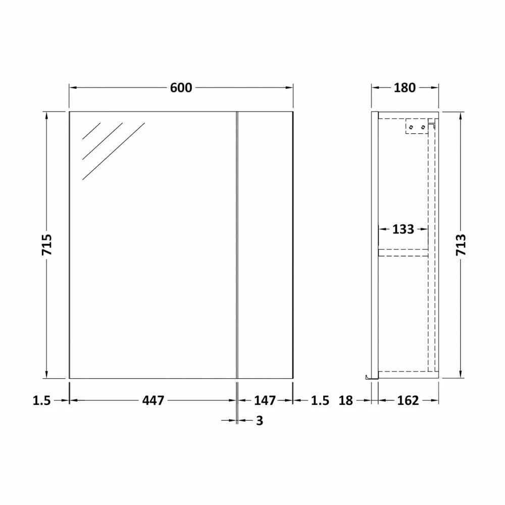 Hudson Reed Fusion Mirrored Bathroom Cabinet (75/25) 600mm Wide - Anthracite Woodgrain 4 Hudson Reed Fusion Mirrored Bathroom Cabinet (75/25) 600mm Wide - Anthracite Woodgrain - Image 2
