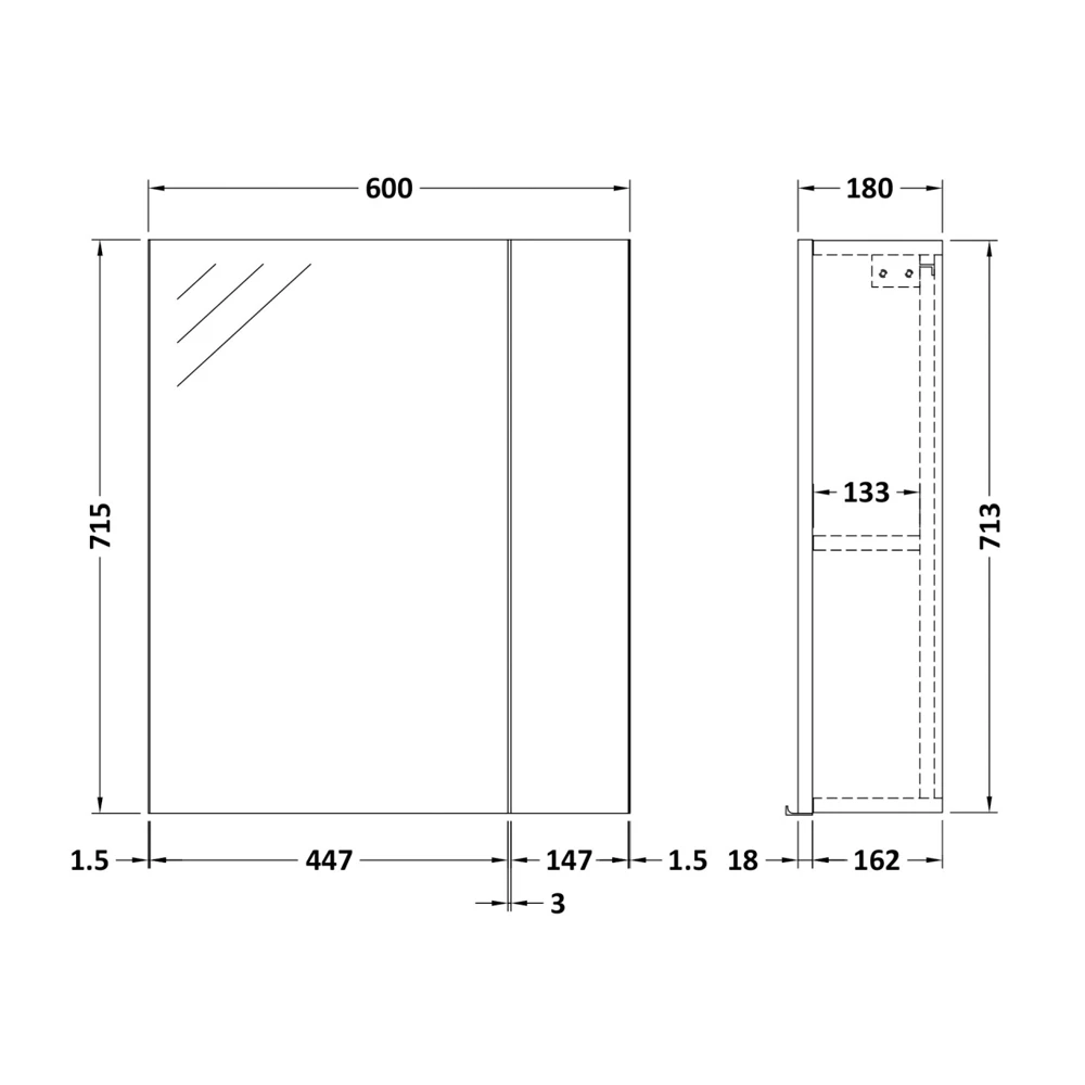 Hudson Reed Fusion Mirrored Bathroom Cabinet (75/25) 600mm Wide - Charcoal Black 4 Hudson Reed Fusion Mirrored Bathroom Cabinet (75/25) 600mm Wide - Charcoal Black - Image 2
