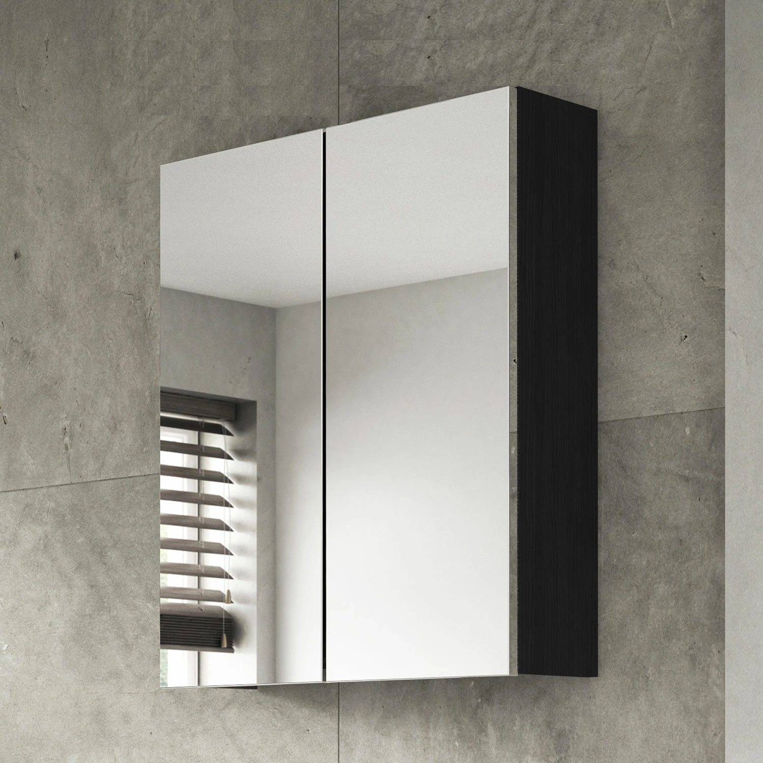 Hudson Reed Fusion Mirrored Bathroom Cabinet (50/50) 600mm Wide - Charcoal Black Woodgrain 4 Hudson Reed Fusion Mirrored Bathroom Cabinet (50/50) 600mm Wide - Charcoal Black Woodgrain - Image 2
