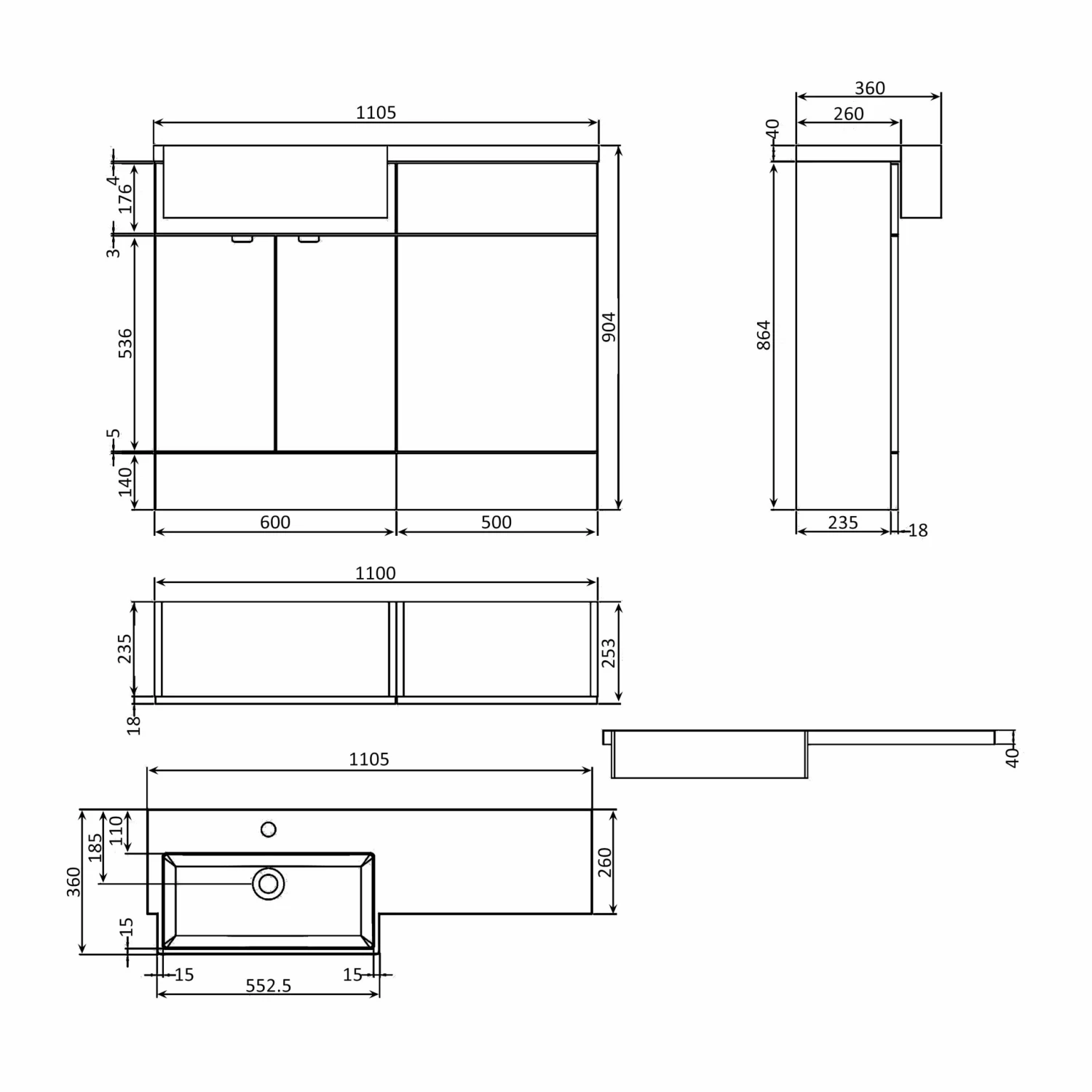Hudson Reed Fusion LH Combination Unit With Square Semi Recessed Basin 1100mm Wide - Gloss White 3 Hudson Reed Fusion LH Combination Unit With Square Semi Recessed Basin 1100mm Wide - Gloss White